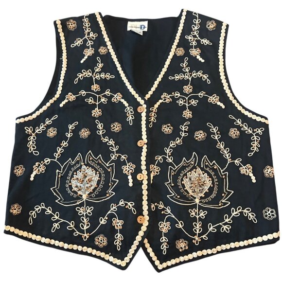Paul Harris Design Jackets & Blazers - Paul Harris Embroidered  Beaded Cotton Vest L Black & Beige Work Core Boho